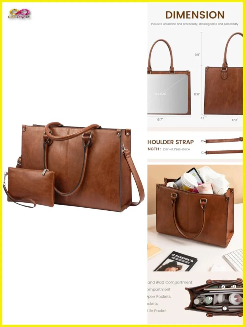 Vintage PU Leather Laptop Tote Set with Clutch, 15.6